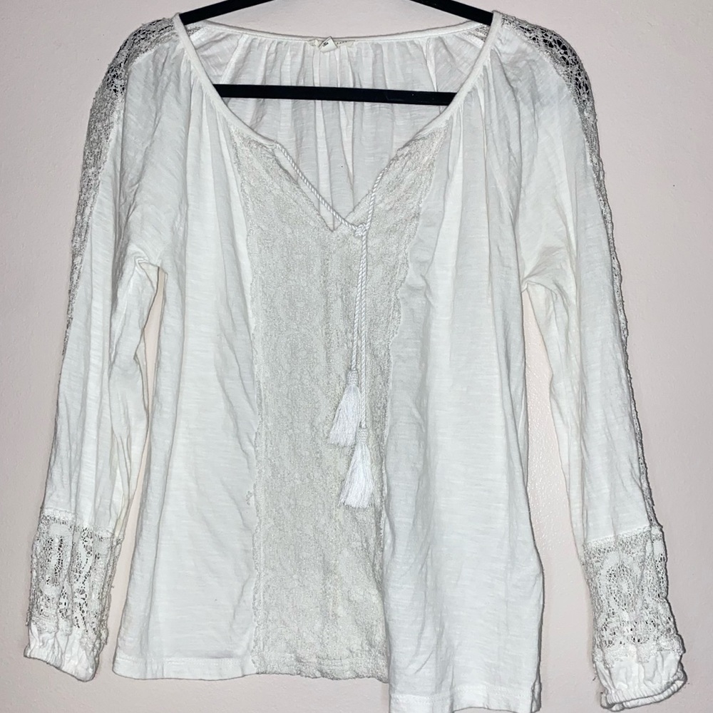 Joie Feyah White Crochet Lace Embroidered Tassel White Boho Long Sleeve Top - Picture 5 of 7